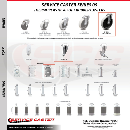 Service Caster 5" Rubbermaid Cart Casters - Non-Marking Wheel 4400 Series 4500 Series, 4PK RUB-SCC-05S510-TPRS-2-R-2